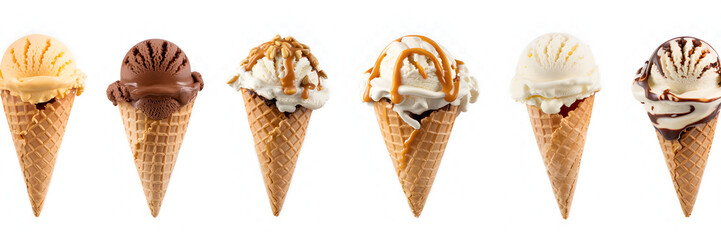 Six ice cream cones stand in a row. Each has a different flavor and topping, ready to add keywords to your file.