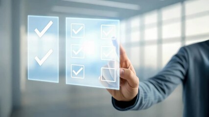 A person interacts with a transparent digital checklist in a modern office environment.