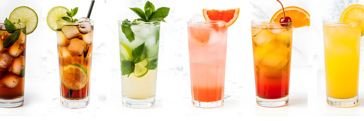 A vibrant image shows a variety of tall, colorful beverages, complete with garnishes. These mixed drinks or party drinks offer refreshment and visual appeal.
