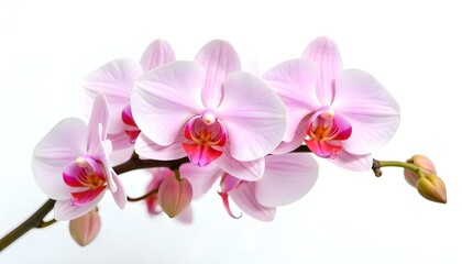 close up view of natural beautiful orchid flowers on branch isolated on white