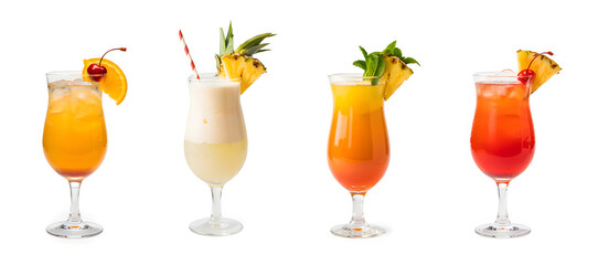 Four tropical cocktail glasses filled with colorful fruit drinks and garnished with fruit slices. Stock image used for file upload in Adobe Stock.