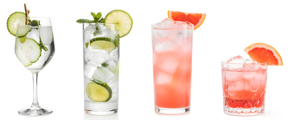 Adobe Stock images show four beverages with fruit slices. From left to right, each is in a different glass and includes lime, cucumber, and grapefruit garnish. They evoke fresh and refreshing flavors.