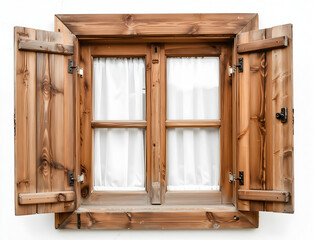 Wooden window, open shutters. Country style, cozy aesthetic. White curtains in the background.