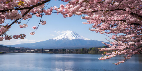 Framed by cherry blossoms, Japan's Mount Fuji rises above a tranquil lake, its snow-capped peak reflecting in the water. An iconic Japanese landscape.
