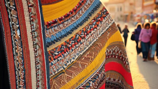 Slow zoom in video on colorful patterned poncho texture worn by model in south american market, natural warm light highlights craftsmanship Concept of cultural richness and tradition