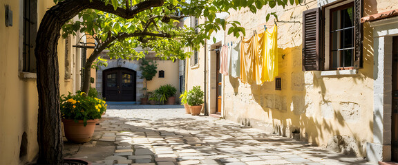An alleyway with dappled light features cobblestones, potted plants, and yellow laundry hanging to dry. The photo is an Adobe Stock image recently uploaded to the platform.