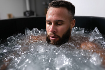White man, ice water bath in a round tub. Cold plunge therapy for health and wellness.