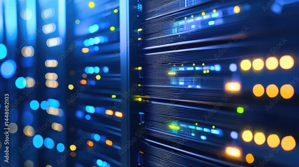 Poster blurred server lights in a vibrant blue-themed data center, excellent for digital transformation, cl