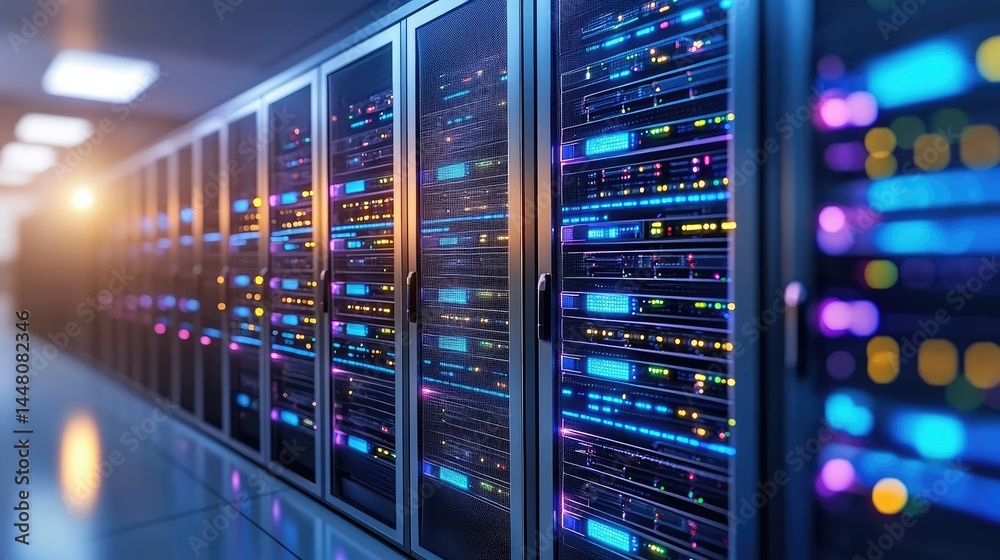 Poster Illuminated server racks with vibrant colors in a digital facility, ideal for IT support, technology blogs, or cloud networking content