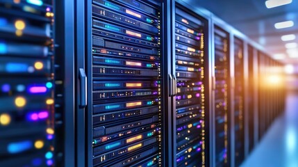 Futuristic server racks with glowing lights in a data center hallway, ideal for technology, IT infrastructure, or cybersecurity visuals