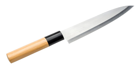 Japanese chef's knife with wooden handle isolated on transparent background
