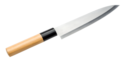 Japanese chef's knife with wooden handle isolated on transparent background