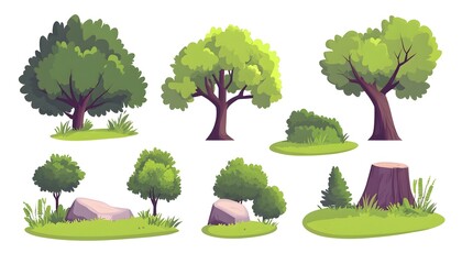 Collection of cartoon trees, bushes, rocks, and a tree stump on grassy patches, isolated on white