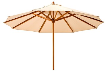 Cream-colored fabric patio umbrella with wooden frame and pole