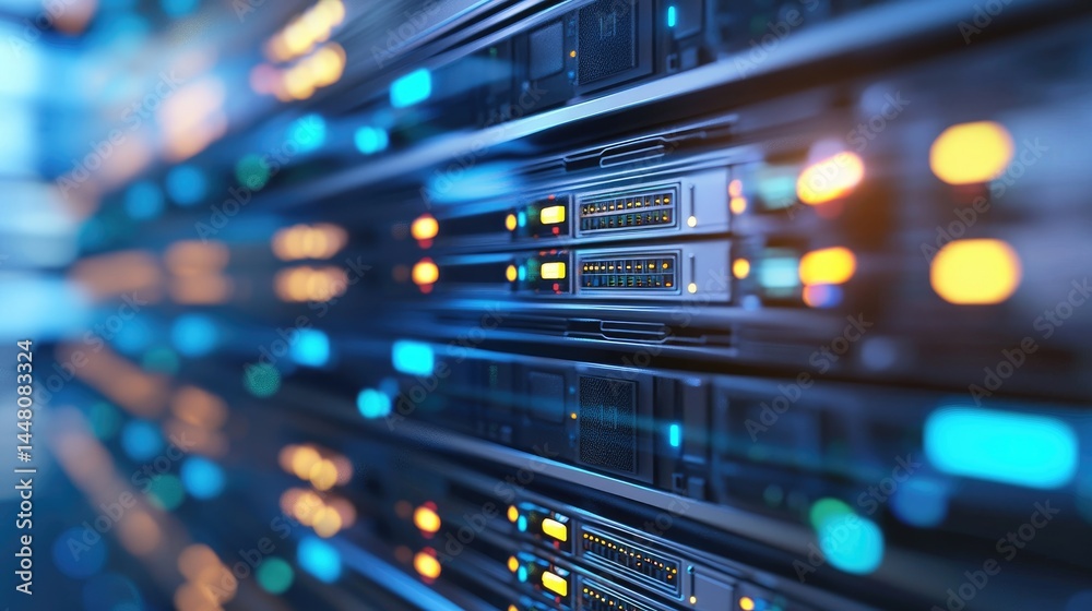 Poster Closeup of reflective server units with glowing lights, ideal for IT security, data infrastructure, or cloud backup environments