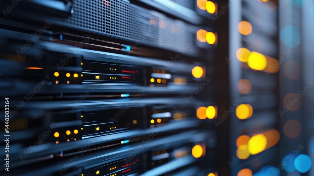 Poster dark-themed server panel with orange indicators, excellent for secure computing, data management, or