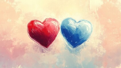 Obraz premium Two contrasting hearts, red and blue, painted in a soft style.