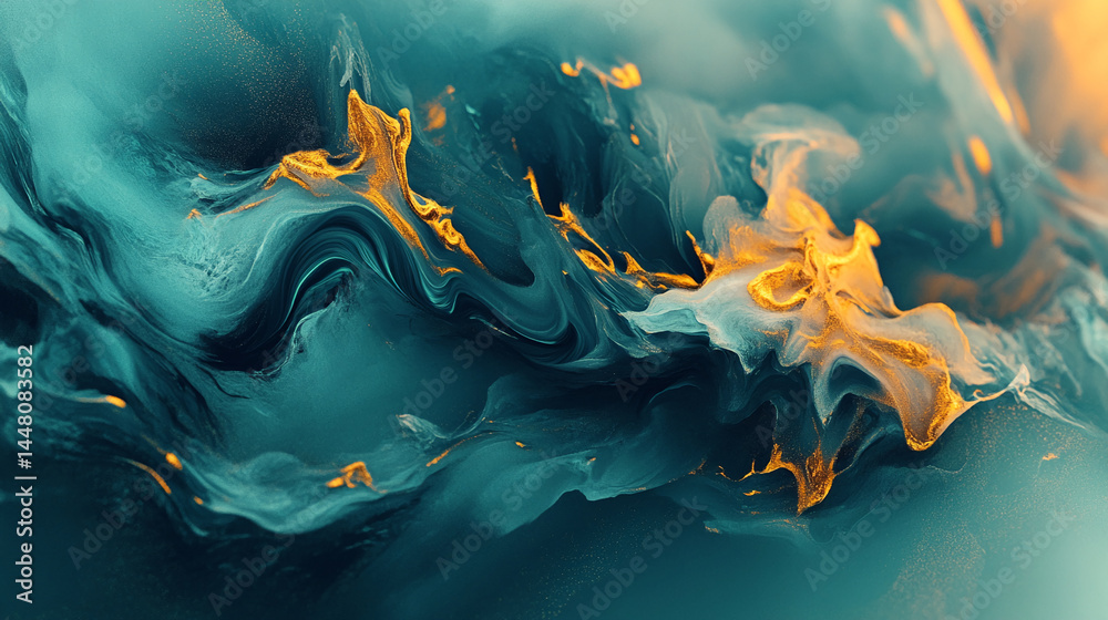 Poster abstract teal and gold paint swirls, creating a dynamic and luxurious texture, showcasing fluidity a