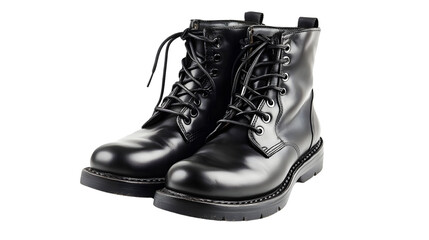 Stylish Black Leather Boots with Laces Isolated on White Background