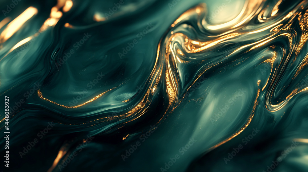 Poster abstract image of teal and gold liquid swirls, creating a luxurious and elegant texture, showcasing 