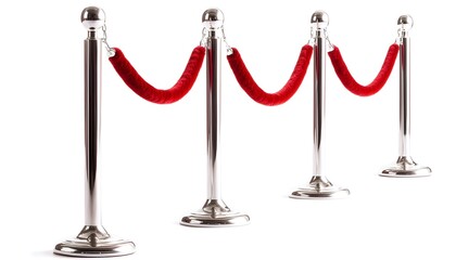 Four silver stanchions with red velvet rope, isolated on white