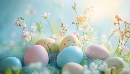 Fototapeta premium Colorful Easter eggs among wildflowers and green grass on light blue background
