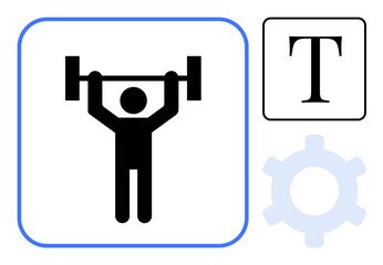 Figure lifting a barbell, letter T in a box, and a gear. Ideal for fitness, strength, weightlifting, typography, customization tools mechanics. Flat simple metaphor