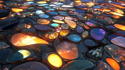 Beautiful array of semiprecious stones forming an intricate background with glowing reflections AI generated