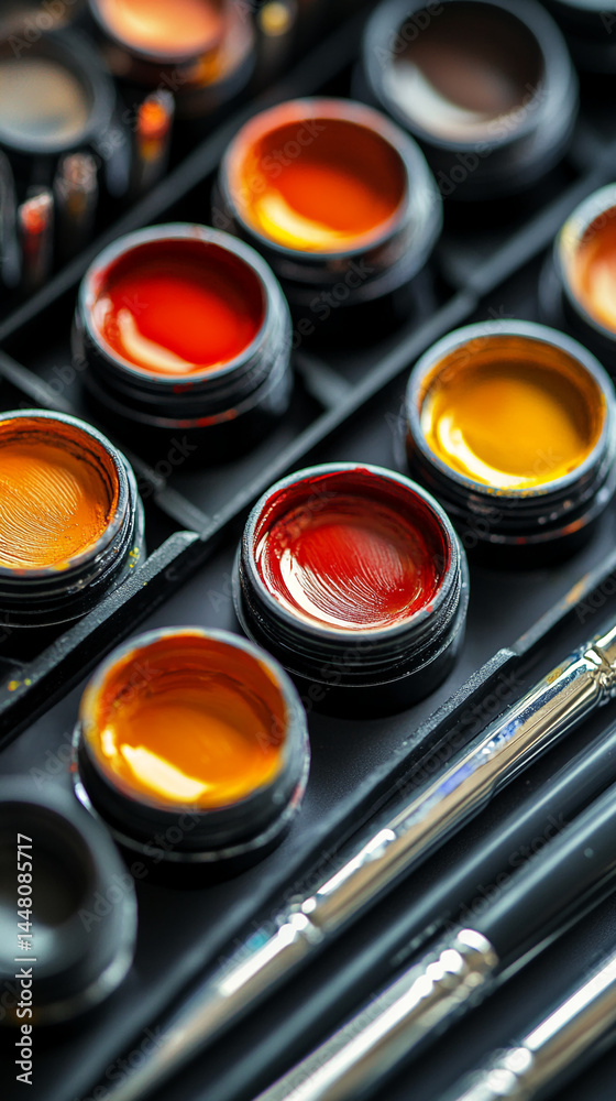 Poster close-up of paint palette with orange and red hues, showcasing vibrant colors and smooth texture, su