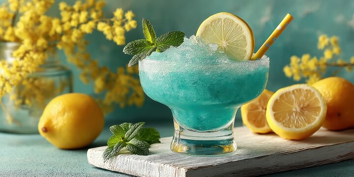Refreshing blue lemonade with mint leaves and lemon slices on a wooden table surrounded by fresh lemons
