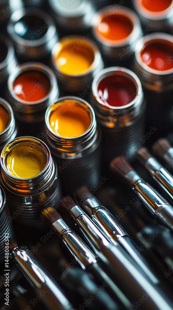 Poster close-up of paint pots with various colors and paintbrushes, showcasing vibrant hues and artistic to