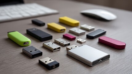 Fototapeta premium Assortment of USB Flash Drives Demonstrating Diverse Storage Solutions and Connectivity