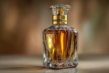 An elegant glass perfume bottle with golden accents reflecting light on its surface, a luxurious and refined product with an artistic and minimalist background.