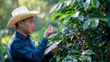 Smart farmer using laptop in green coffee farm sustainable quality control agriculture technology Harvest coffee bean ripe Red berries typing laptop computer check quality control plant coffee tree.