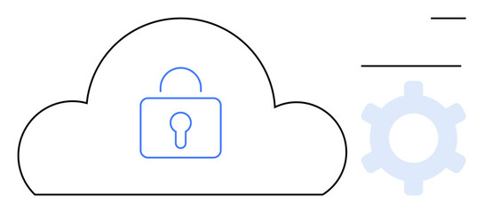 Cloud outline with central padlock icon represents security, accompanied by a gear symbolizing settings. Ideal for cybersecurity, data protection, cloud computing, IT support, system management