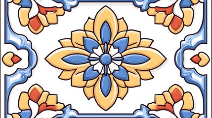 Ornate tile design with a central flower motif in yellow and blue, surrounded by swirling patterns in red and blue on a white background