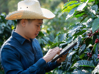 Smart farmer using laptop in green coffee farm sustainable quality control agriculture technology Harvest coffee bean ripe Red berries typing laptop computer check quality control plant coffee tree.