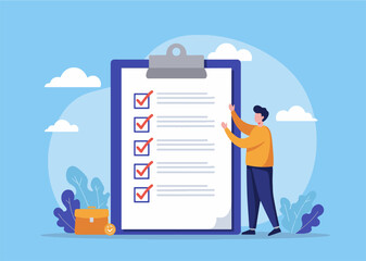 Illustration of a professional man holding a clipboard checklist with marked tasks, symbolizing organization, productivity, goal achievement, and efficient planning in a business or project setting
