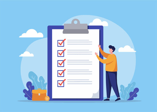 Illustration of a professional man holding a clipboard checklist with marked tasks, symbolizing organization, productivity, goal achievement, and efficient planning in a business or project setting