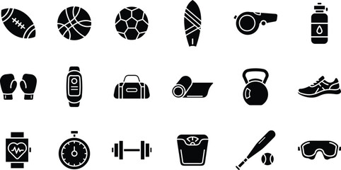 Fitness and Sports Equipment Silhouette Vector Set – Workout Icons and Athletic Gear Collection.