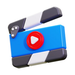 Modern 3D Movie Clapper Icon Featuring Red Play Button and Blue Design