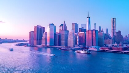 Fototapeta premium Serene cityscape at dawn, showcasing a cluster of skyscrapers along a tranquil waterfront with passing vessels