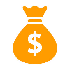 Money bag flat icon. Vector orange dollar dollar pictogram isolated on white backdrop.