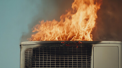 Burning Air Conditioning Unit. Flames erupt from a malfunctioning HVAC appliance. A reminder of the importance of regular maintenance and safety checks.