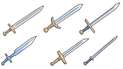 Naklejka premium Six stylized illustrations of swords, varying in design and length, with metallic and wooden hilts