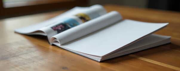 Close-up of folded trifold brochure on wooden table, folder, conference, papers