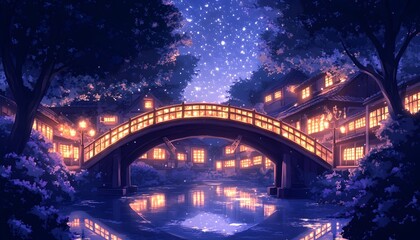 Obraz premium Starry night scene over a tranquil village with a gentle arched bridge reflecting on calm water
