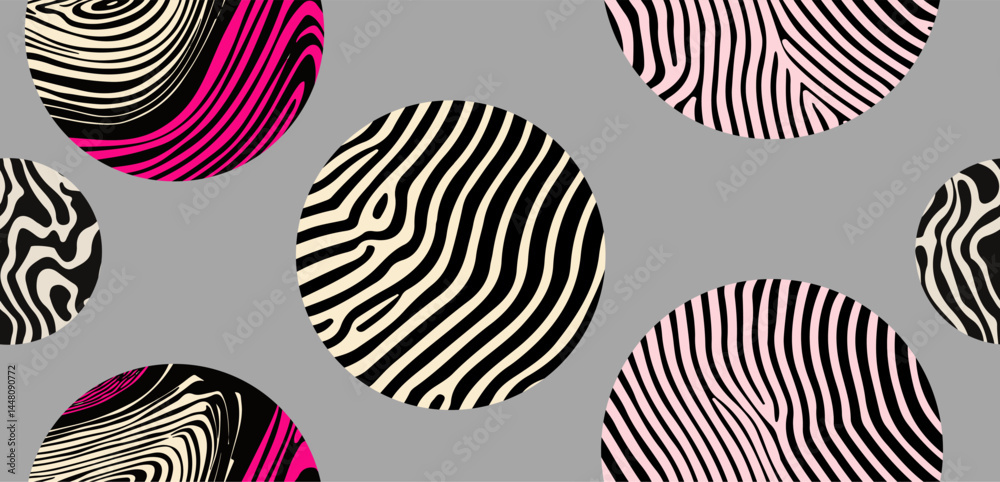 Poster vector seamless pattern with swirling abstract circles in black, beige, and pink on a gray backgroun