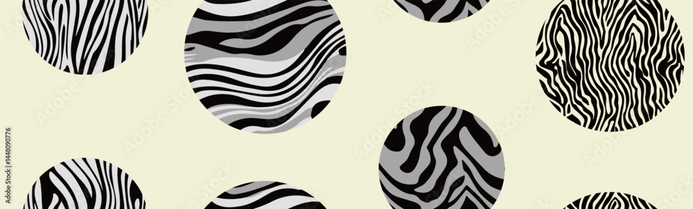 Aufkleber seamless pattern of zebra-like wavy stripes contained within various circles on a light background, 