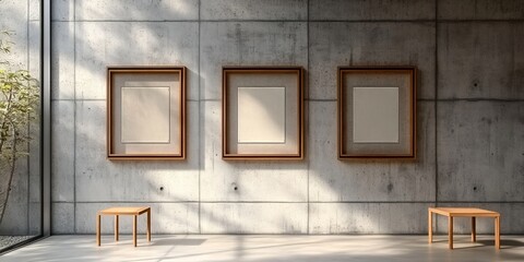 Fototapeta premium Modern interior with empty wooden frames on concrete wall and bench under sunlight.